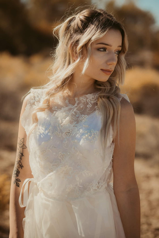 Enchanting Organza Chiffon Pearl Beaded White Dream Gown (Bridal)